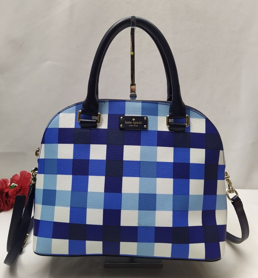 Kate Spade Blue Pacific Gingham Printed Double Handles Zipper Satchel Bag